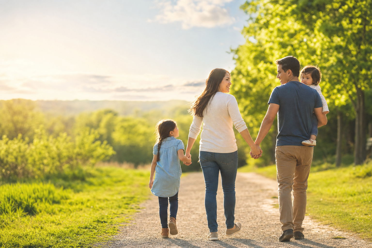 A young family walking together hand-in-hand on a sunny park path